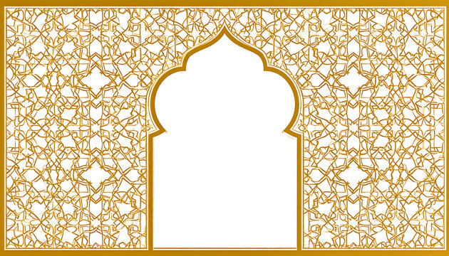 Ornate gold archway with intricate cutout pattern on white background, elegant decorative element