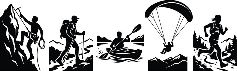 Extreme sports and outdoor adventure vector silhouettes set including climbing, hiking, kayaking, paragliding, and trail running © Abdul
