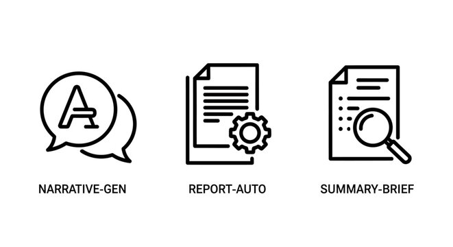 Set of icons representing narrative generation automated reporting summary briefing with narrative generation automated briefing document artificial intelligence creation business processing