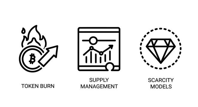 Cryptocurrency tokenomics and market supply icons with cryptocurrency management scarcity blockchain economics valuation investment deflation precious analytics statistics currency