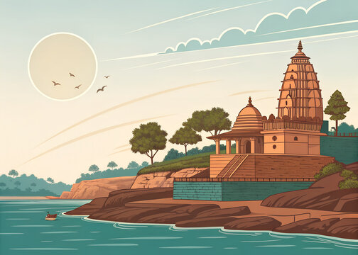 Omkareshwar Temple island, clean vector river landscape