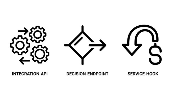 Software integration and data management icons featuring api and service hooks integration software management decision endpoint development programming technology interface automation