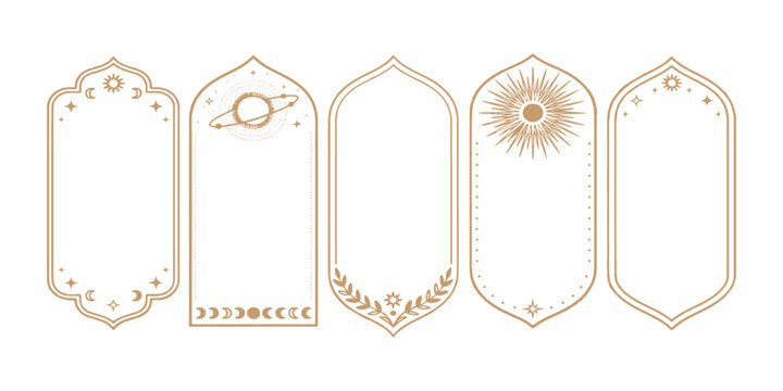 Elegant gold celestial bohemian arch frames with sun, moon, and stars vector illustration set for invitations.