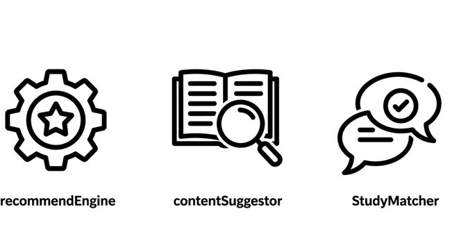 Educational and digital recommendation engine service icons with recommendation suggestions matching education learning settings knowledge research academic platform feedback communication