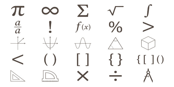 Basic mathematical symbols and geometry elements icon set flat vector illustration on isolated white background.