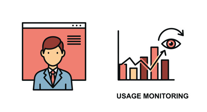 Digital user profile and usage monitoring data analysis icons with monitoring analytics analysis business software performance reporting information tracking management interface technology