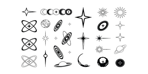 Set of abstract minimalist space elements with stars planets orbits and sparkles vector illustration. © Design House