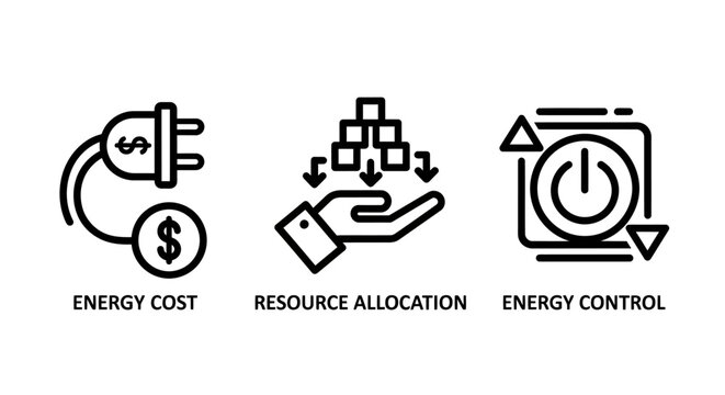 Energy cost resource allocation and control business line icon set with resource allocation business management efficiency electricity optimization planning distribution performance strategy