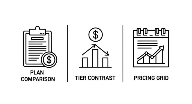 Set of three financial business icons featuring plan comparison tier contrast and pricing grid analytics comparison business analysis investment currency strategy marketing management