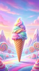 Naklejka premium Swirled rainbow ice cream cone standing in surreal candy land. Fantasy dessert landscape with giant lollipops and pastel mountains.