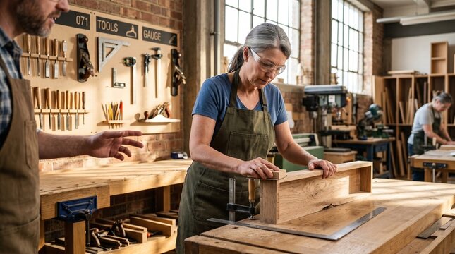 Midlife Woodworking Retraining in Sunlit Vocational Workshop