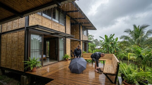 Rainy Season Entry Deck At Contemporary Bamboo Duplex Housing