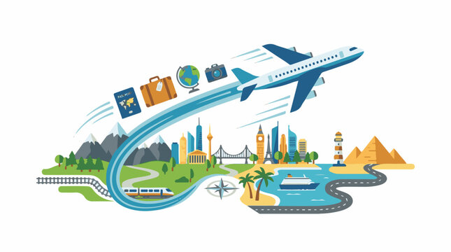 A vibrant travel illustration featuring a plane