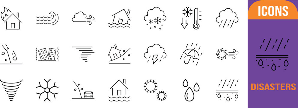Natural disasters extreme weather icons. flood icon set, fire icon set, tornado icon set
