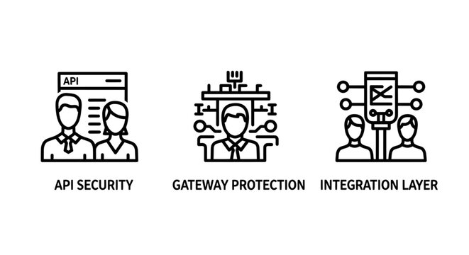 Api security gateway protection and system integration layer outline icons with security protection integration software development technology infrastructure interface protocol communication