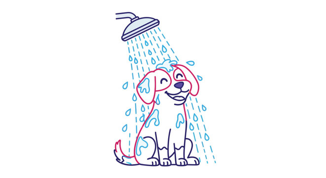 A playful dog taking a shower with falling water droplets a colorful vector silhouette canine puppy pet animal bathing washing