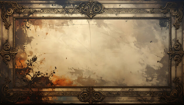 ornate distressed antique frame with weathered texture, gold rococo embellishments, aged parchment background, vintage luxury border