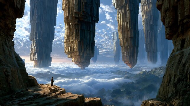 Floating basalt columns arranged naturally above mist covered valleys, surreal geological realism, cinematic atmosphere