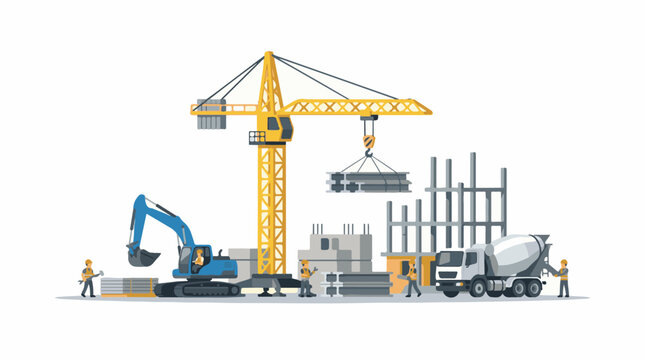 A construction site with workers a crane an excavator and a cement mixer