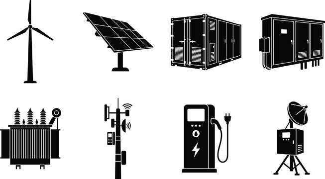 Renewable energy and industrial infrastructure silhouette icon set featuring green technology elements isolated on white background