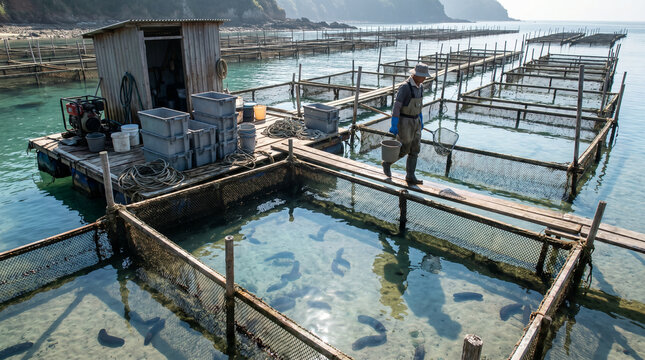 Coastal Sea Cucumber Farm Pens With Worker During Low Tide Operations