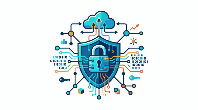 A blue shield with a padlock surrounded by lines symbols and a cloud