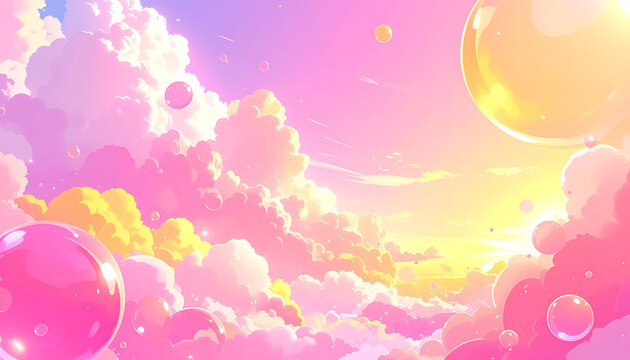 Pixel art dreamy sky with soft pink clouds and glowing golden sunbeams, pastel atmosphere, whimsical bubbles, serene fantasy landscape