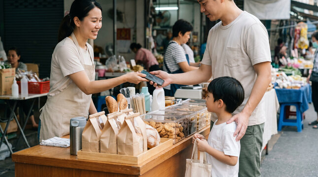 Family Market Purchase With QR Payment At Everyday Asian Street Stall