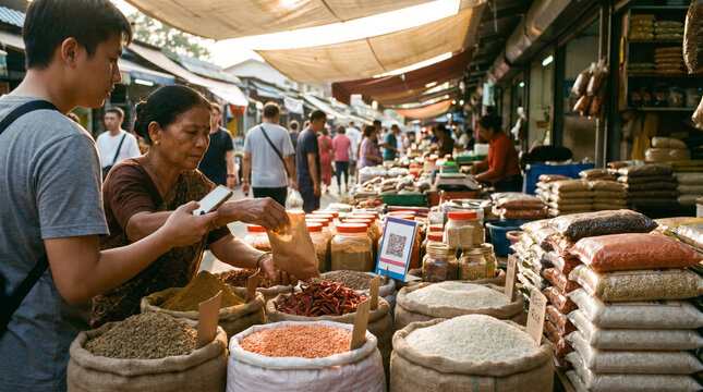 Spice Stall Dry Goods Purchase Using QR Payment In Asian Market