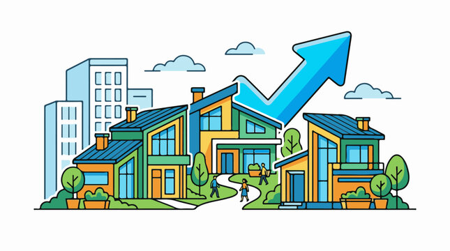 Colorful illustration of growing houses with arrow