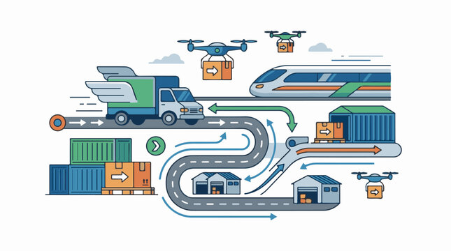 A colorful illustration depicting a logistics and transportation system with trucks drones trains and warehouses