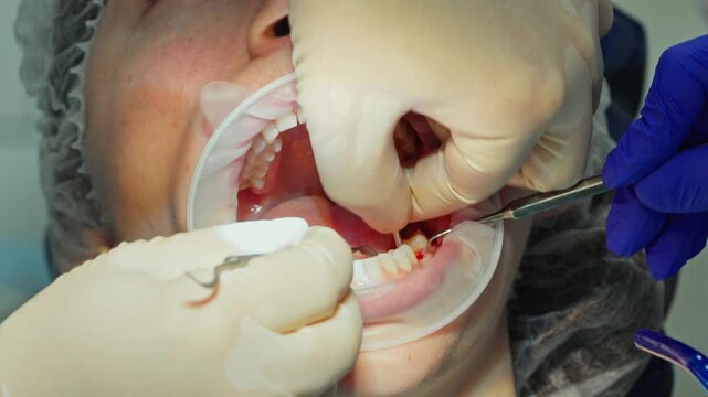 A close-up of a dental surgeon checking the position of a parallel pin in the jawbone to ensure correct alignment before dental implant placement