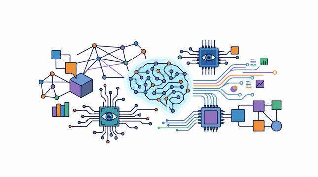 A stylized illustration of a human brain surrounded by various circuit boards and data visualization elements