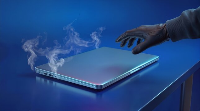 Thief reaching for smoking laptop on blue desk. Cybercrime and hardware failure concept.