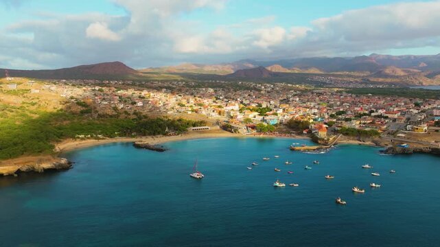 Aerial view of colorful beach on Tarrafal, Santiago, Cape Verde