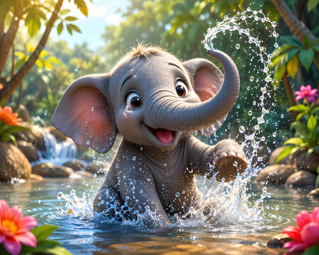 Baby Elephant Bath Time in Tropical Jungle River