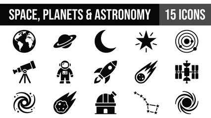 Space, Planets, and Astronomy Icons Set: Earth, Saturn, Moon, Star, Solar System, Telescope, Astronaut, Rocket, Comet, Satellite, Galaxy, Observato... © Mahraz