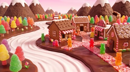 Naklejka premium Confectionery village with gingerbread houses and gummy bear residents. Fantasy candy land featuring chocolate mountains and a creamy river.