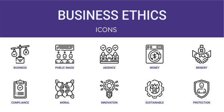 Set of 10 thin line Business Ethics icons for dashboards, websites and mobile app layouts. Editable outline vector pack featuring business ethics, absence, bribery, moral principles and protection.