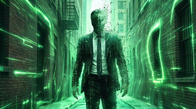 Businessman dissolving into green digital code in urban alleyway. Virtual reality simulation and data fragmentation concept.