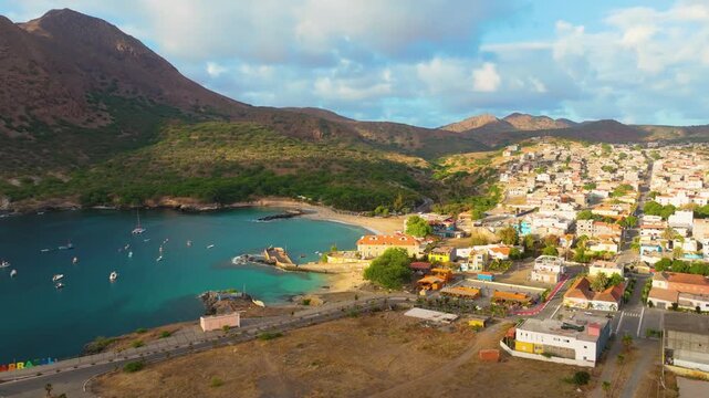Aerial view of colorful town Tarrafal, Santiago, Cape Verde