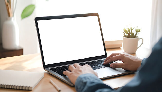 Person typing on a laptop computer with a blank white screen on a wooden desk, natural light from window, work from home concept
