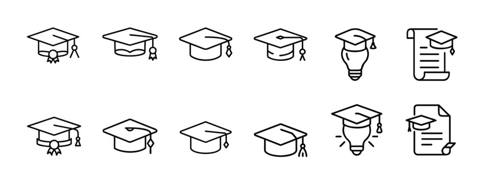 Graduation success outline icons set, knowledge bulb, rolled scroll, ceremonial ribbon, creative idea & more vector illustration with editable stroke.
