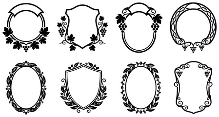 Fototapeta premium Decorative frames with grape vines and leaves for wine labels vector.