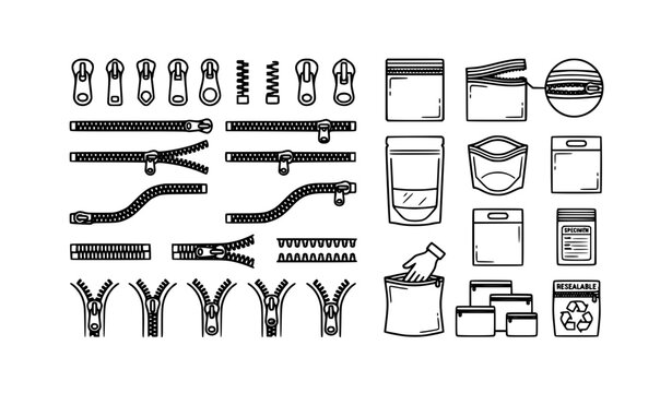 Zipper chain and zip bag silhouette icons black and white vector