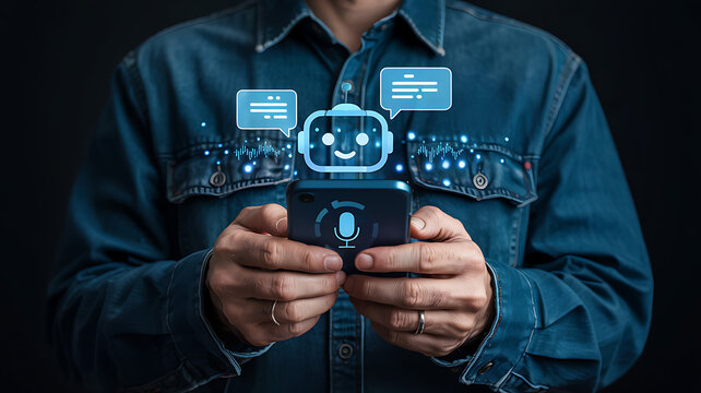 AI Chatbot Interaction: A person uses a smartphone to interact with an AI chatbot, indicated by conversational bubbles and a friendly robot avatar.