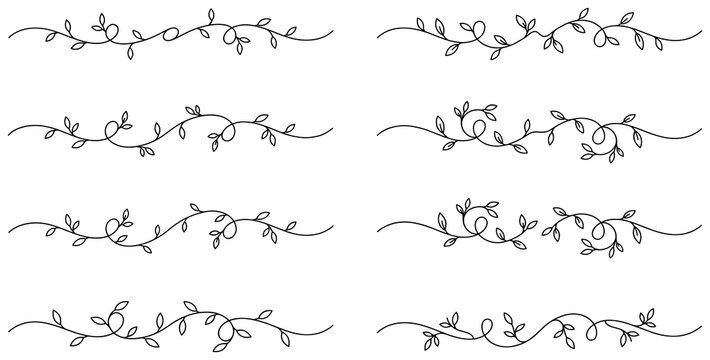 Minimalist hand drawn vine borders set with organic leaf motifs for delicate floral design.