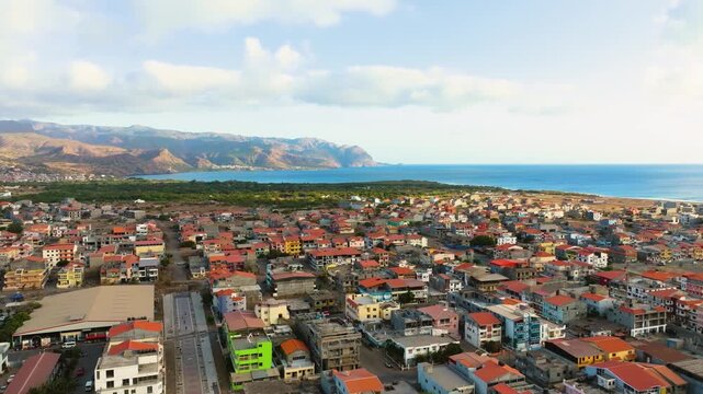 Aerial view of colorful town Tarrafal, Santiago, Cape Verde