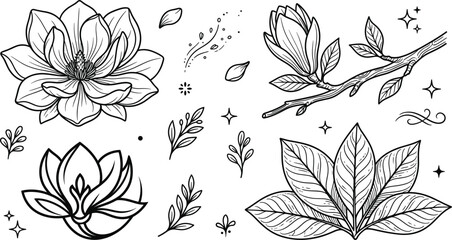 Floral Icon Set with Magnolia Flowers and Leaves for Nature and Botanical Designs, © MstBabli