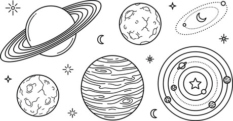 Planet Icon Set with Solar System and Stars for Space and Astronomy Designs, © MstBabli